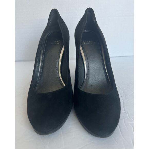 Stuart Weitzman Black Suede Almond Toe Block High Heel Slip On Pump Shoes 8.5M - Picture 4 of 11